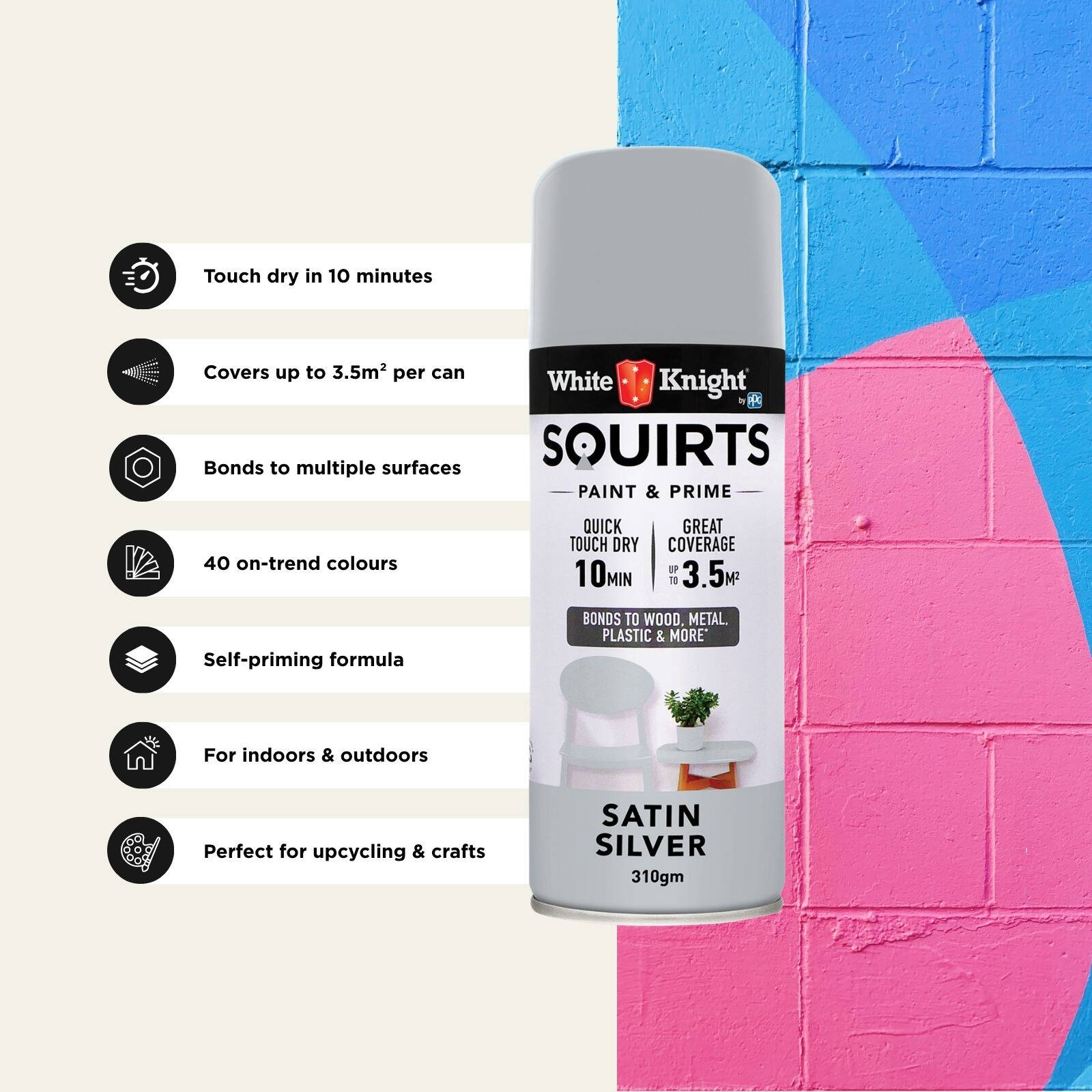 White Knight Squirts 310g Silver Satin Spray Paint - Indoor/Outdoor
