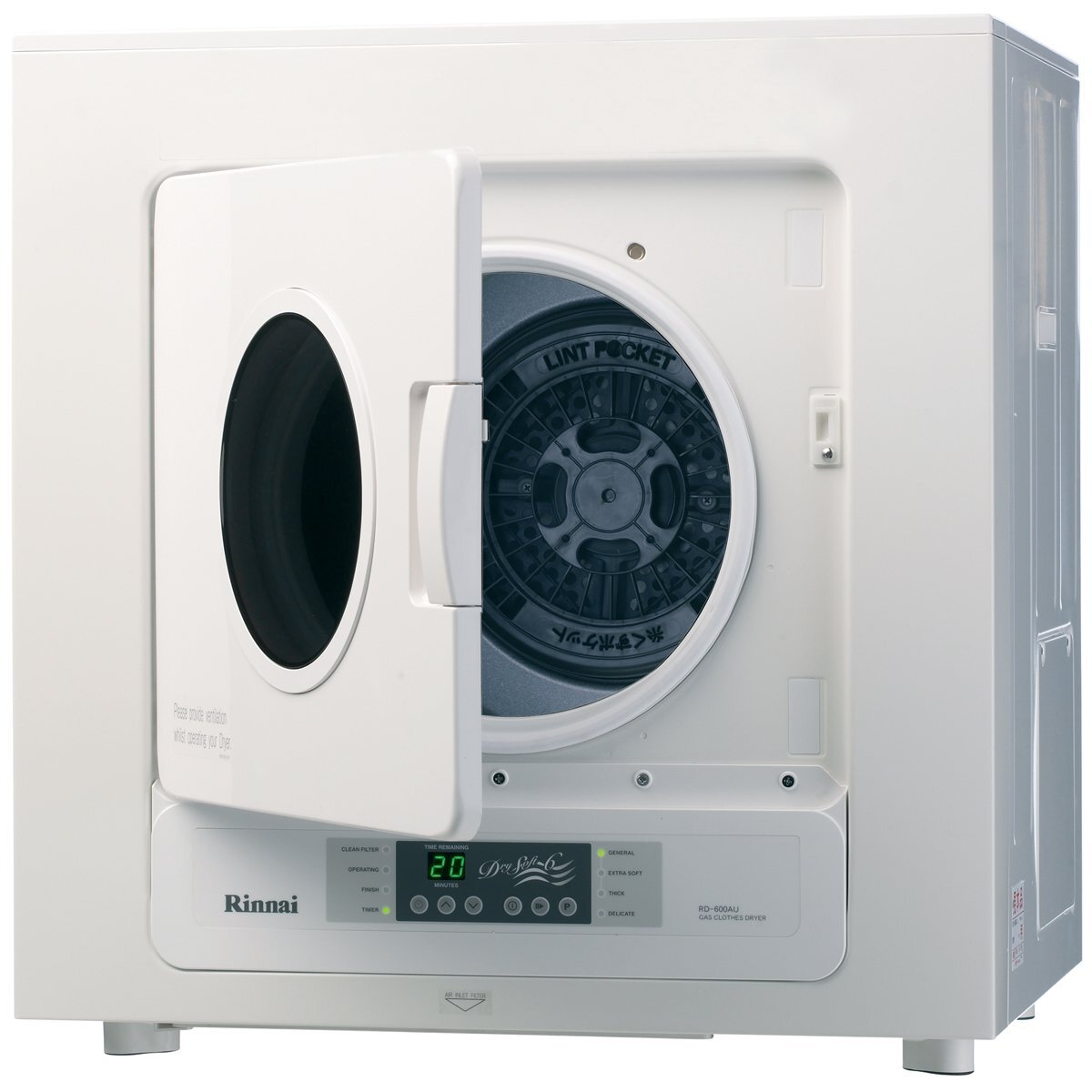 Rinnai 6kg Dry-Soft 6 LPG gas clothes dryer - quick drying, auto-sensing, stainless steel drum - DRYSOFT6L