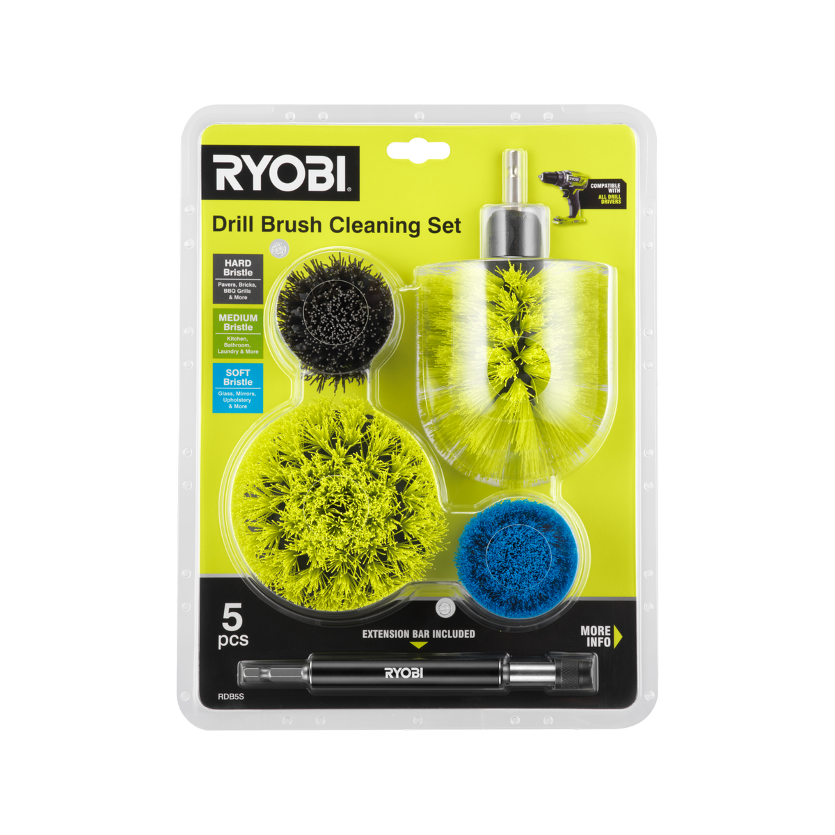 Ryobi 5 Piece Drill Brush Set - 285mm x 90mm x 218mm - Versatile Cleaning Tools - SuperSaverAU - view 3