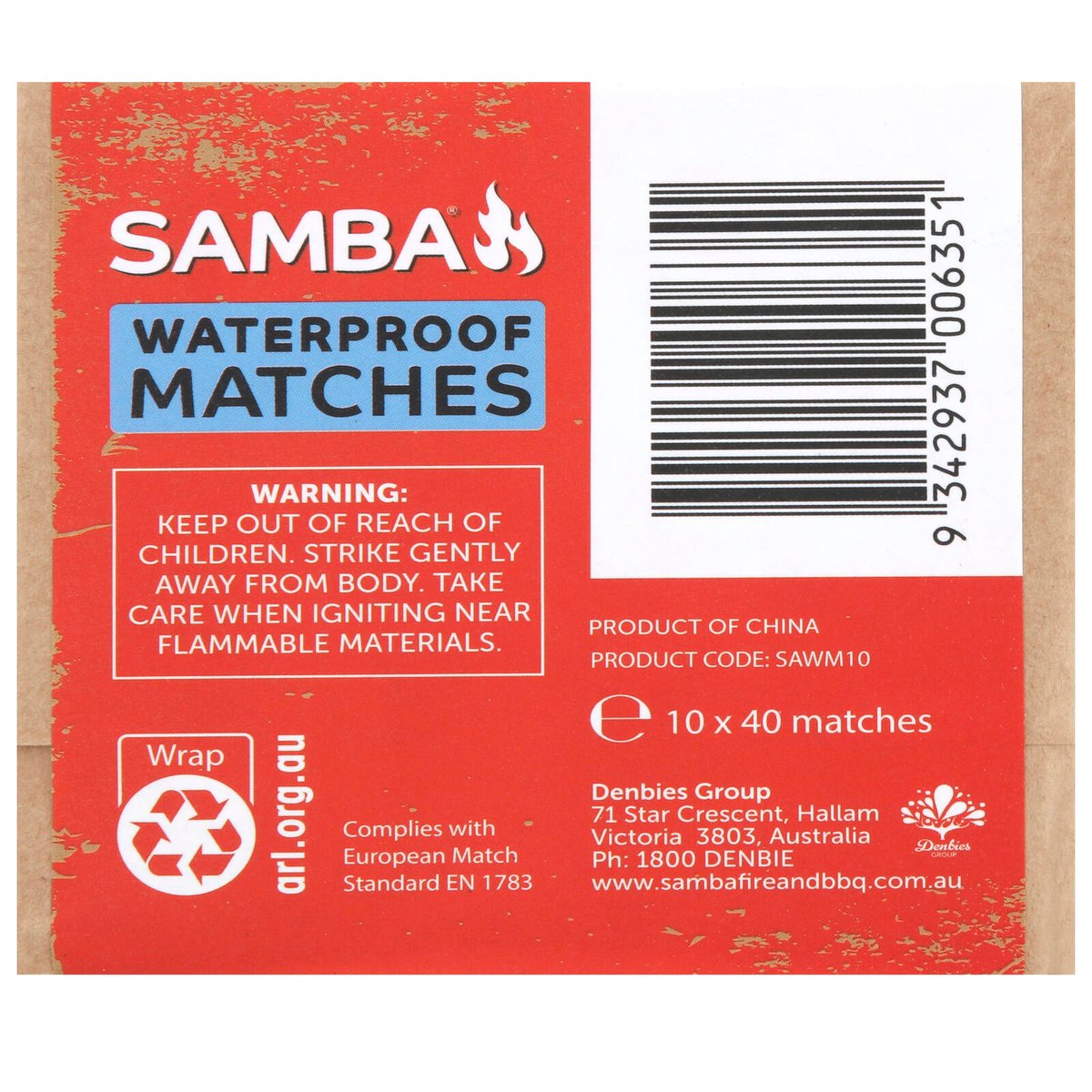 Samba Waterproof Matches 50mm - 10 Pack for Camping & Emergency Use