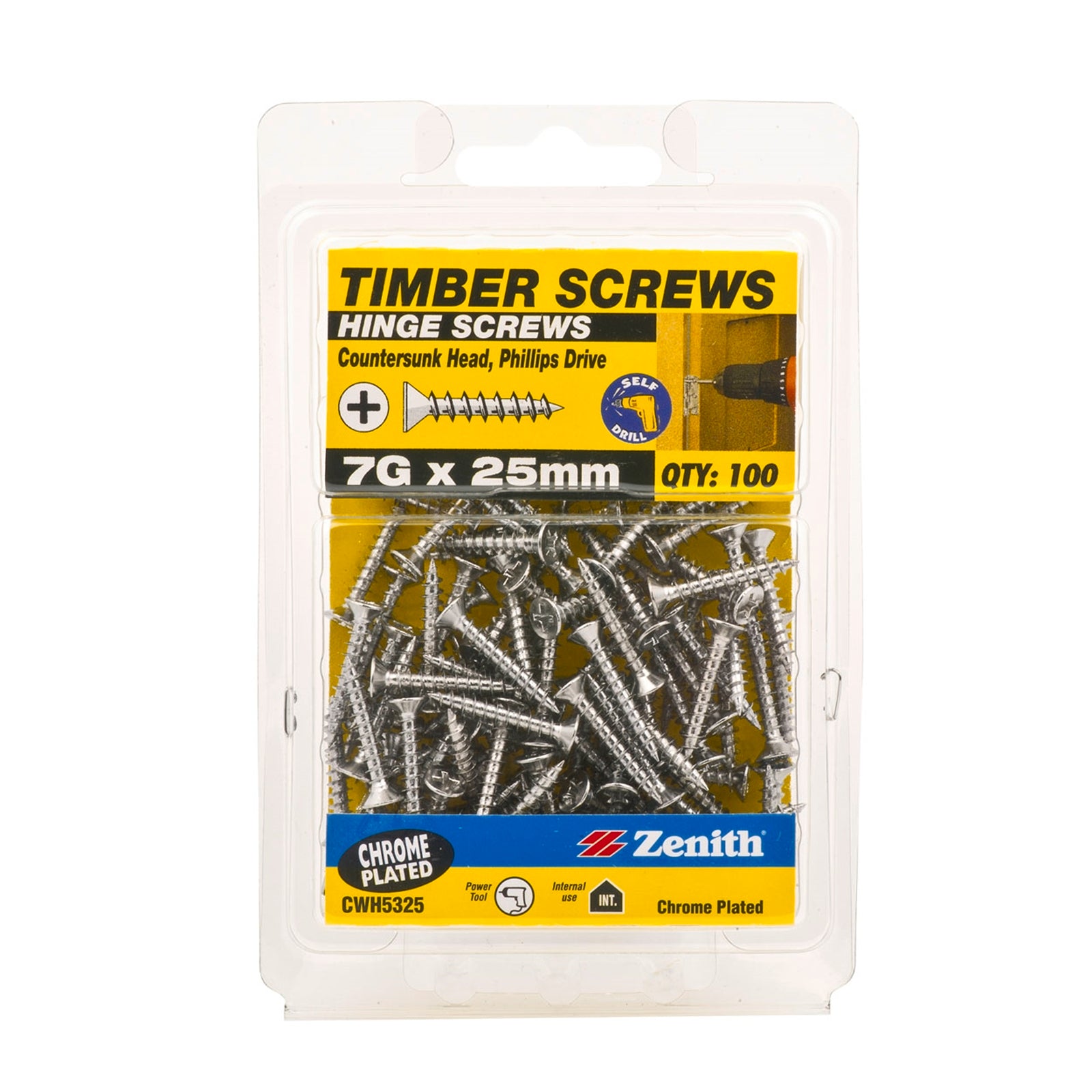Zenith 7G x 25mm Chrome Plated Countersunk Hinge Timber Screws - 100 Pack