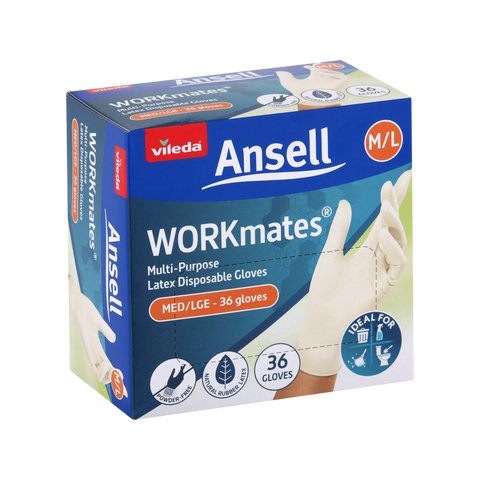 Vileda Ansell Workmates Latex Disposable Gloves 36pk Medium Large - Powder-Free - Comfortable Fit - Hygienic Hand Protection - SuperSaverAU - view 1