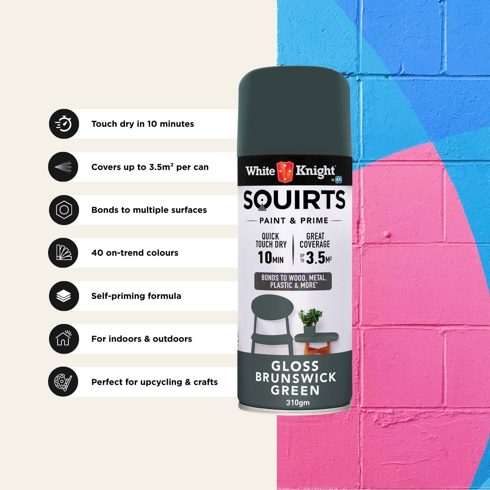 White Knight Squirts Brunswick Green Gloss Spray Paint 310g - Solvent-Based, UV Resistant