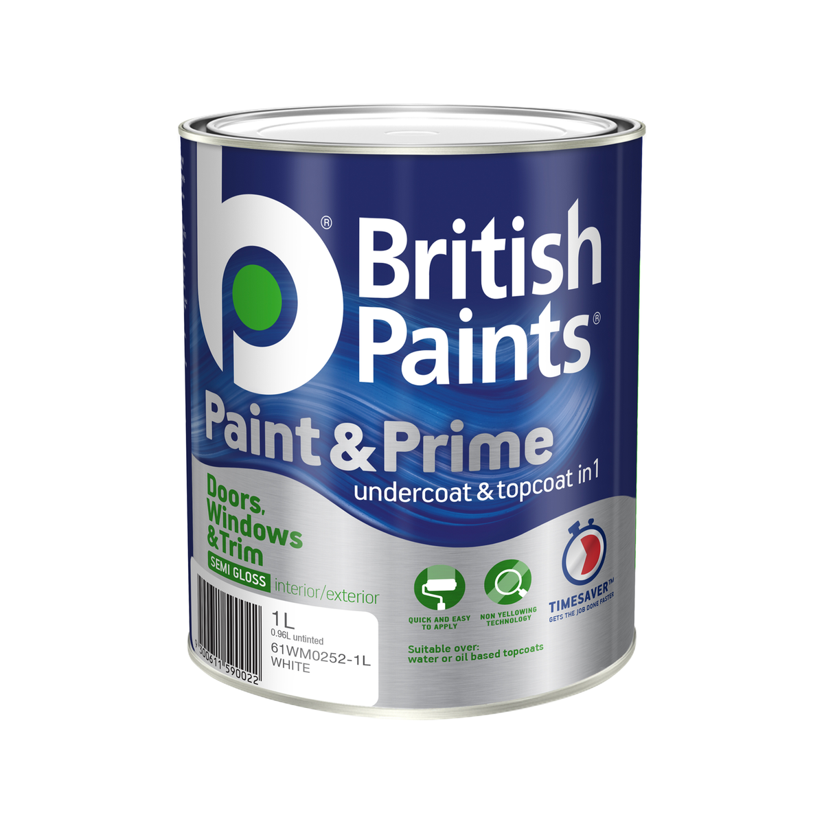 British Paints 1L White Semi Gloss Doors Windows and Trim Paint and Prime