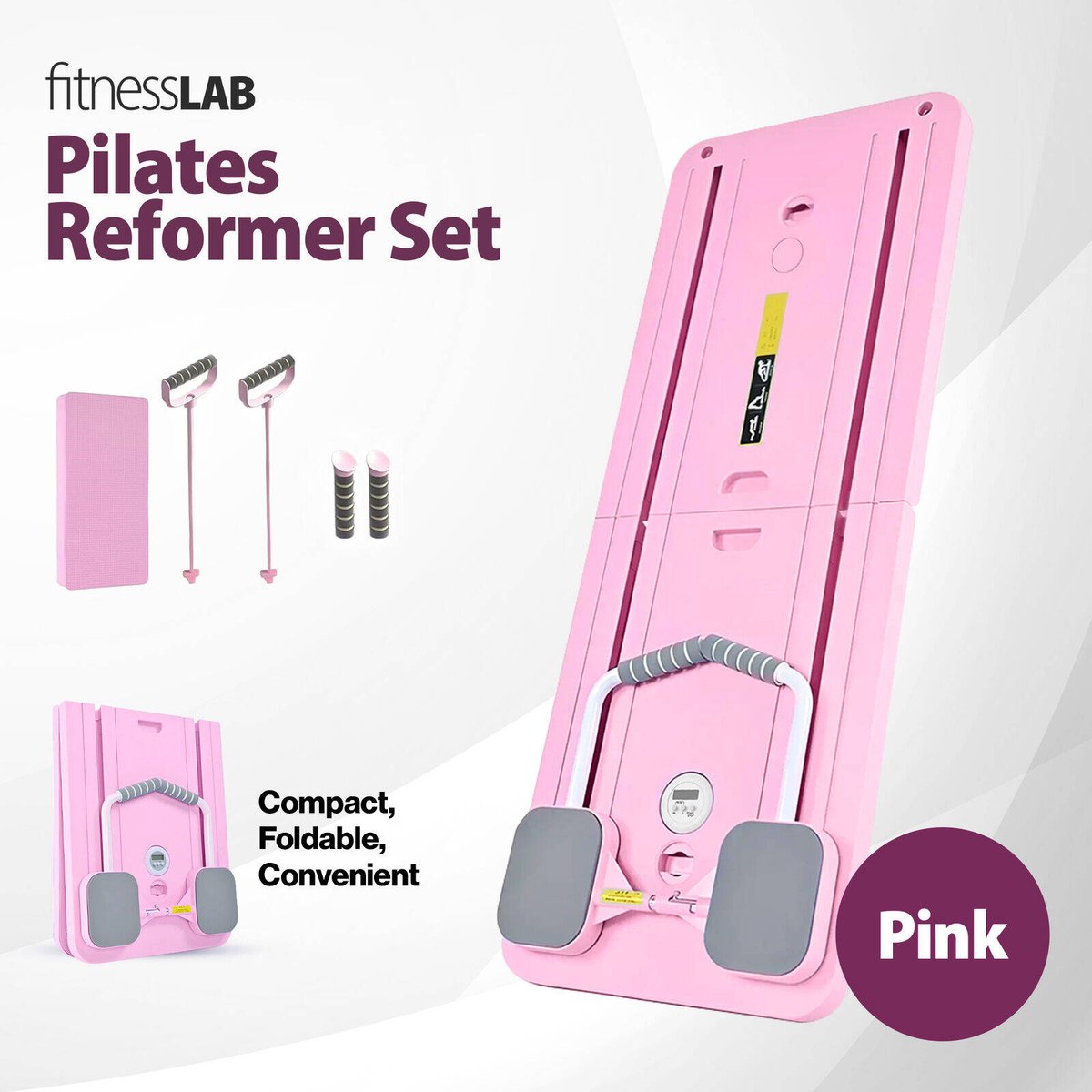Fitnesslab Pink Pilates Board Reformer - Foldable Set - 410mm x 115mm x 990mm - Full Body Workouts - SuperSaverAU - view 3