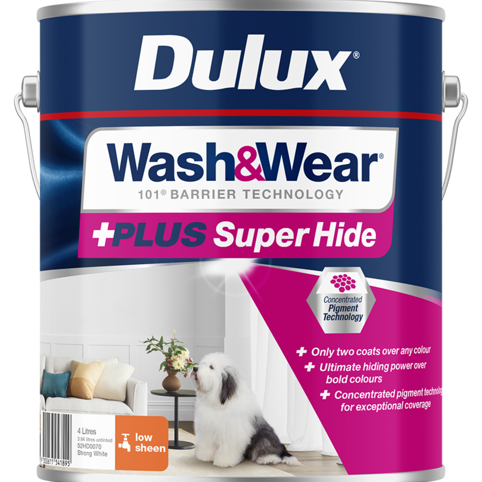 Dulux Wash&Wear +PLUS Super Hide Interior Paint 4L Low Sheen Strong White