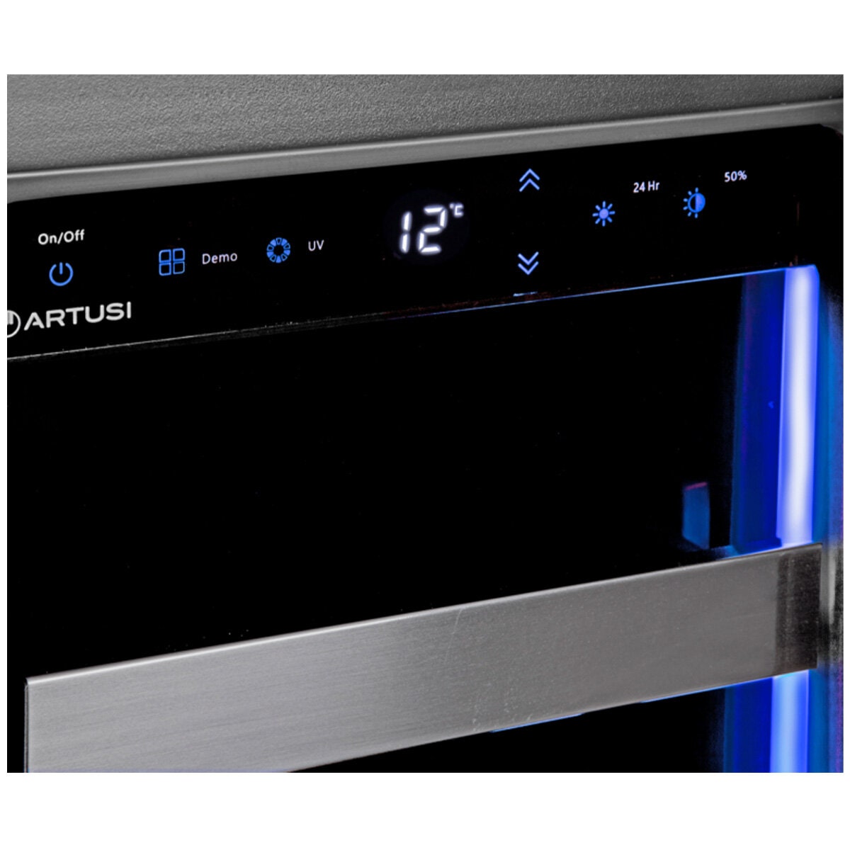 Artusi 18 bottle single zone wine cellar - black smoky glass, UV protected, reversible hinge - AWC18BV