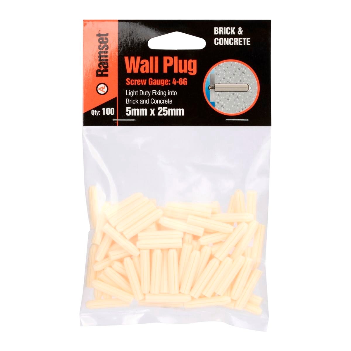 Ramset 5 x 25mm White Plastic Wall Plugs - 100 Pack