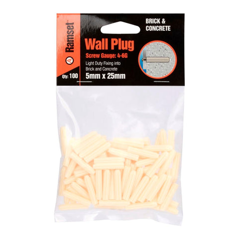 Ramset Wall Plugs 5 x 25mm Plastic 100 Pack Easy Insertion - SuperSaverAU - view 1