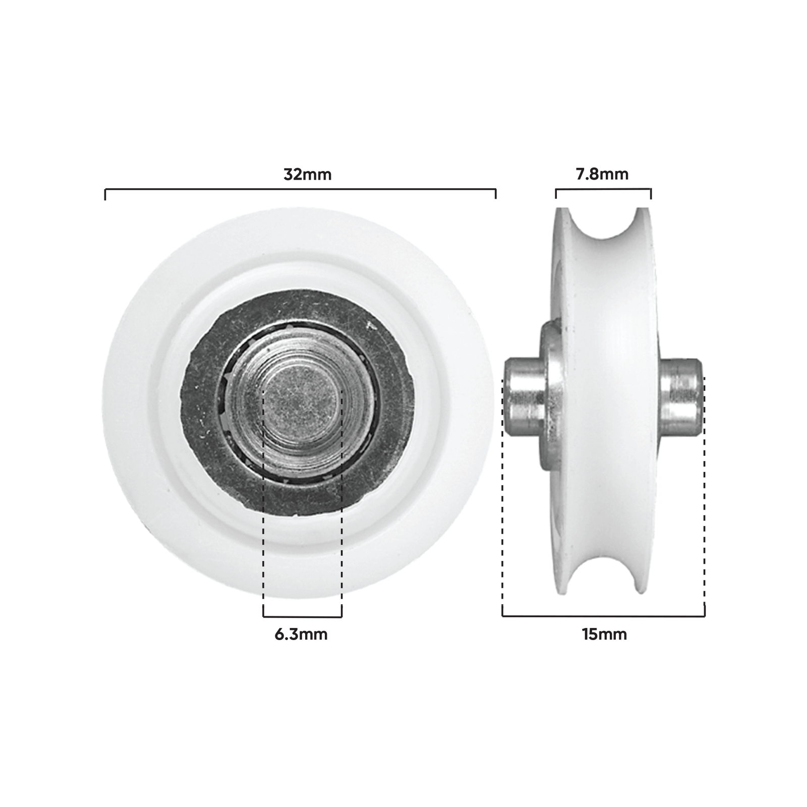 Rolltrak 32mm White Acetal Concave Roller, Patio Door