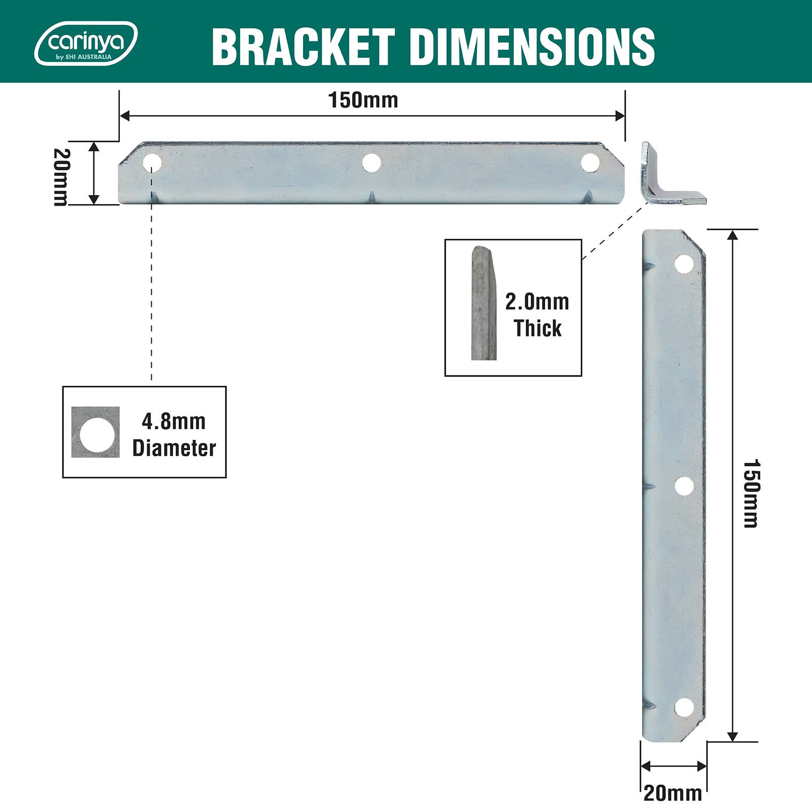 Carinya 150 x 20 x 20 x 2mm Zinc Plated Steel Reinforcing Angle Bracket