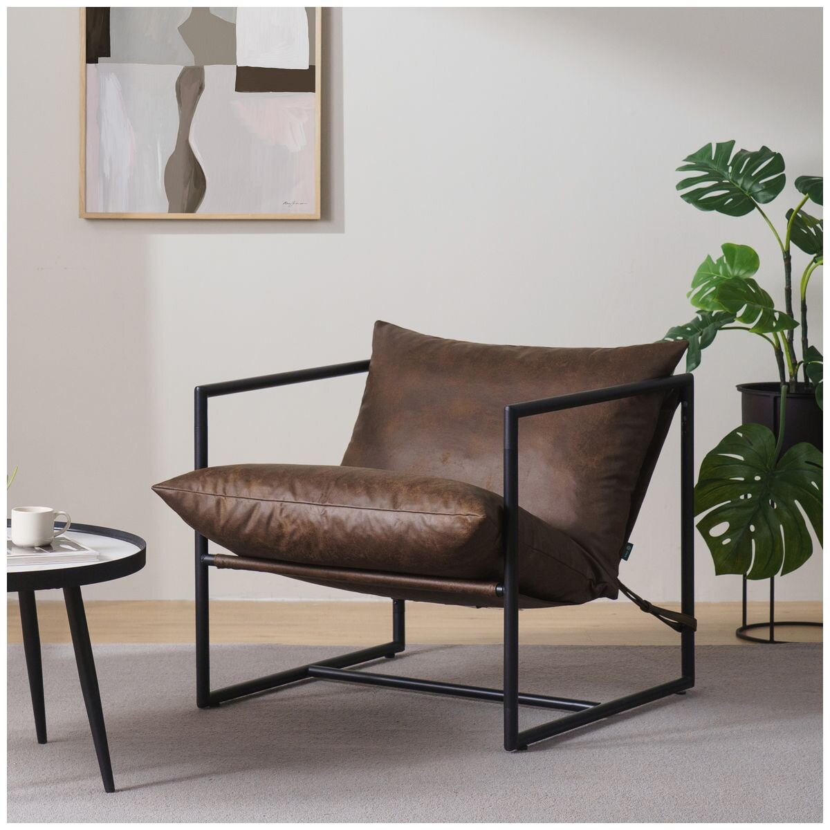 Zinus Sling Accent Chair - Cognac Tan Brown, Water-Repellent Upholstery, Metal Frame - AU-USHSL3ZC-31C
