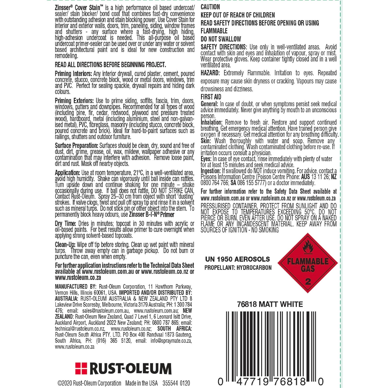 Zinsser CoverStain 369g Primer Sealer & Stain Blocker Aerosol - Oil Based, Indoor & Outdoor