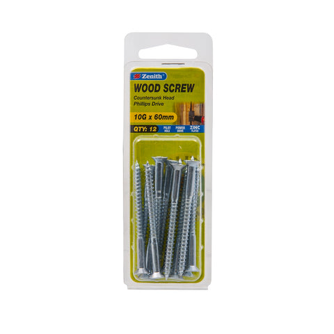 Zenith 10G x 60mm Zinc Plated Countersunk Head Wood Screws, Needle Point, 12 Pack