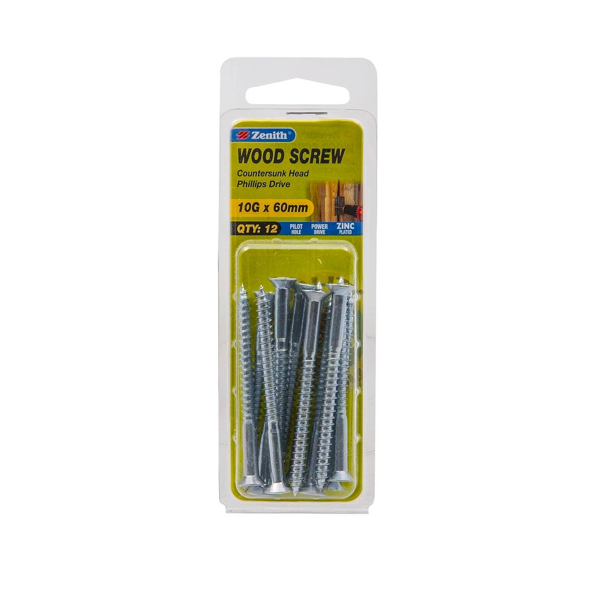 Zenith 10G x 60mm Zinc Plated Countersunk Head Wood Screws, Needle Point, 12 Pack