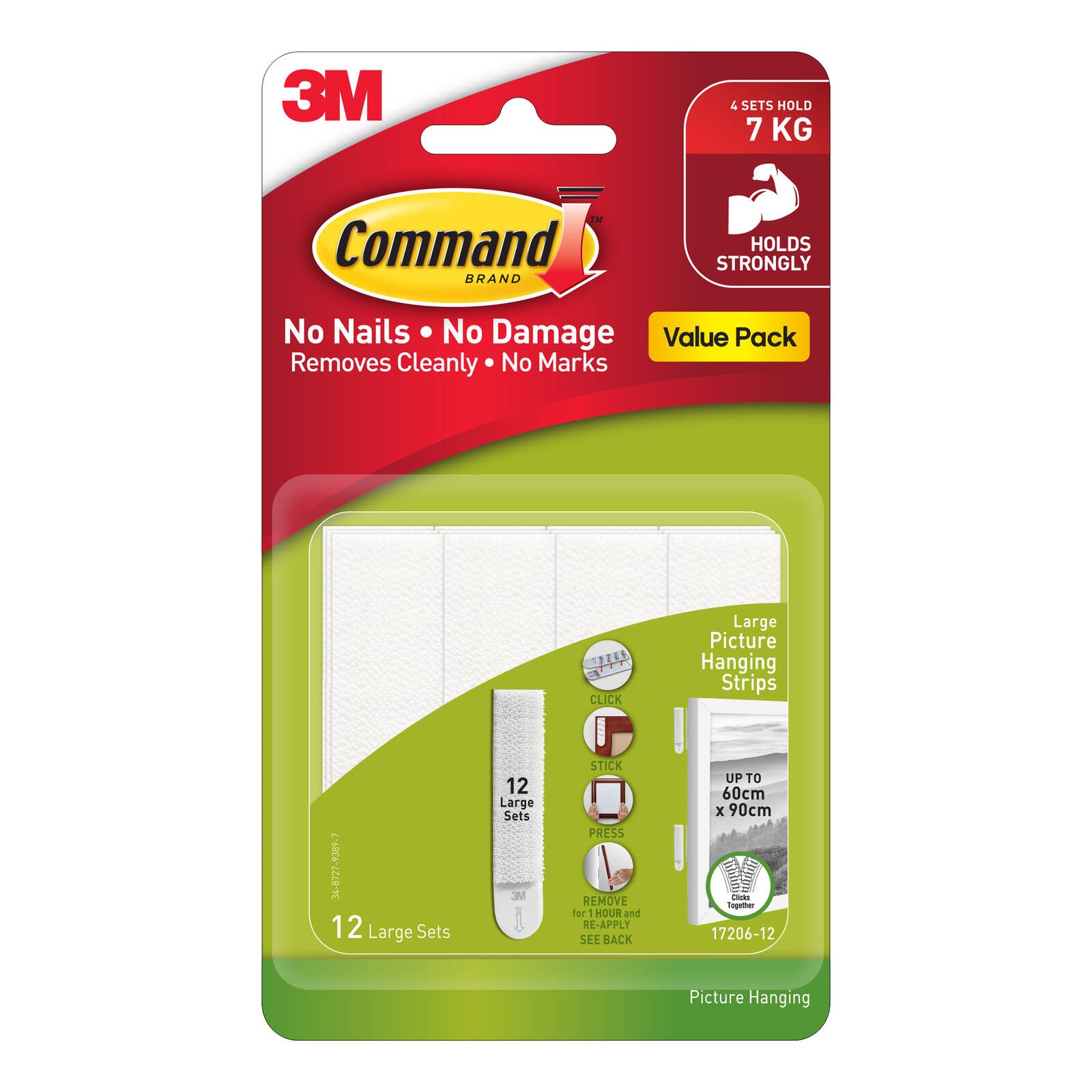 Command Large White Adhesive Picture Hanging Strips Value Pack - 12 Pack 7.2kg