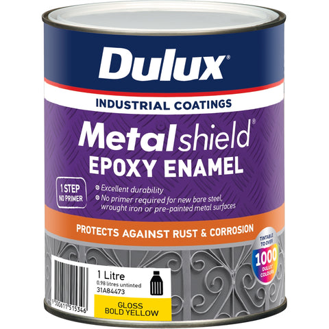 Dulux Metalshield Epoxy Enamel Gloss Paint 1L Bold Yellow - UV & Splatter Resistant Metal Topcoat