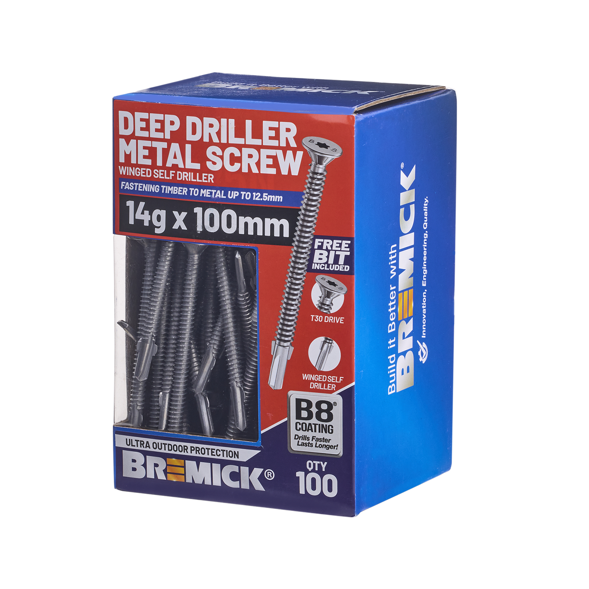 Bremick Metal Deep Driller Screw 14g x 100mm T30 B8 - Box of 100 - Durable Fastening - SuperSaverAU - view 1