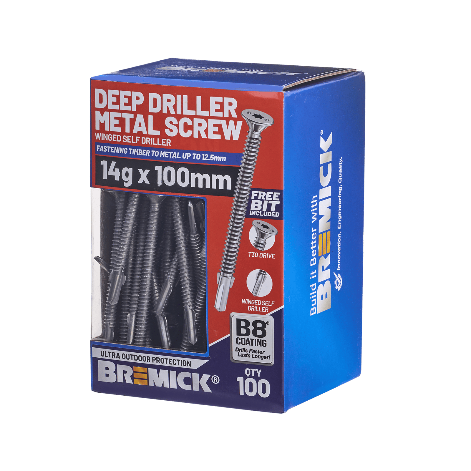 Bremick 14g x 100mm T30 Metal Deep Driller Winged Screws B8 - 100 Pack