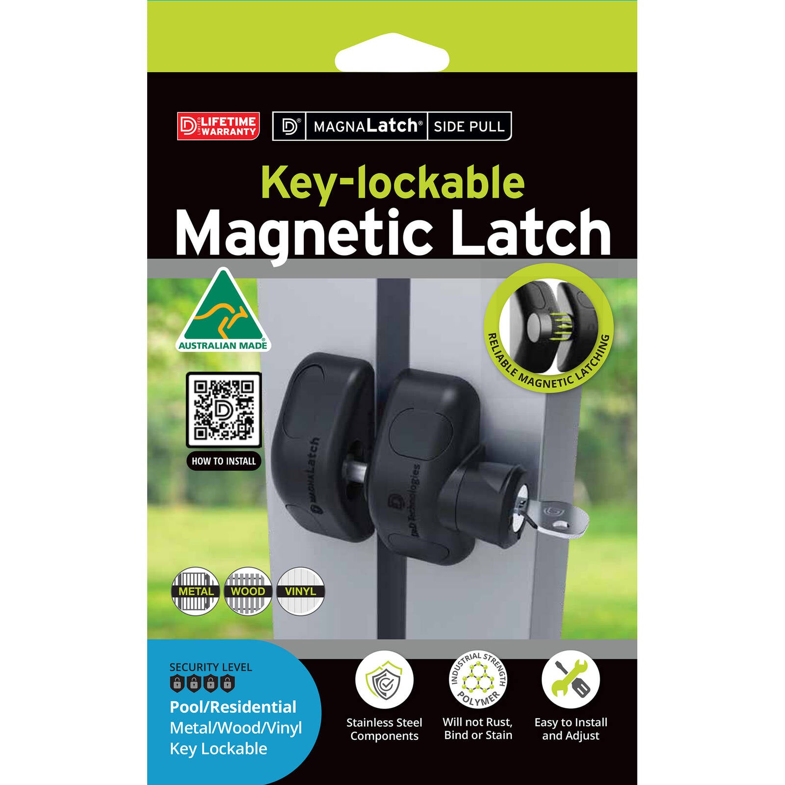 MagnaLatch 100mm Side Pull Lockable Pool Gate Latch, Engineered Polymer