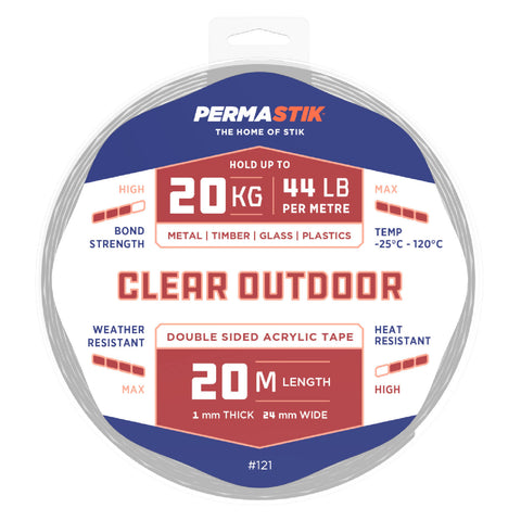Permastik 20m x 24mm Clear Outdoor Mounting Tape Acrylic UV Resistant