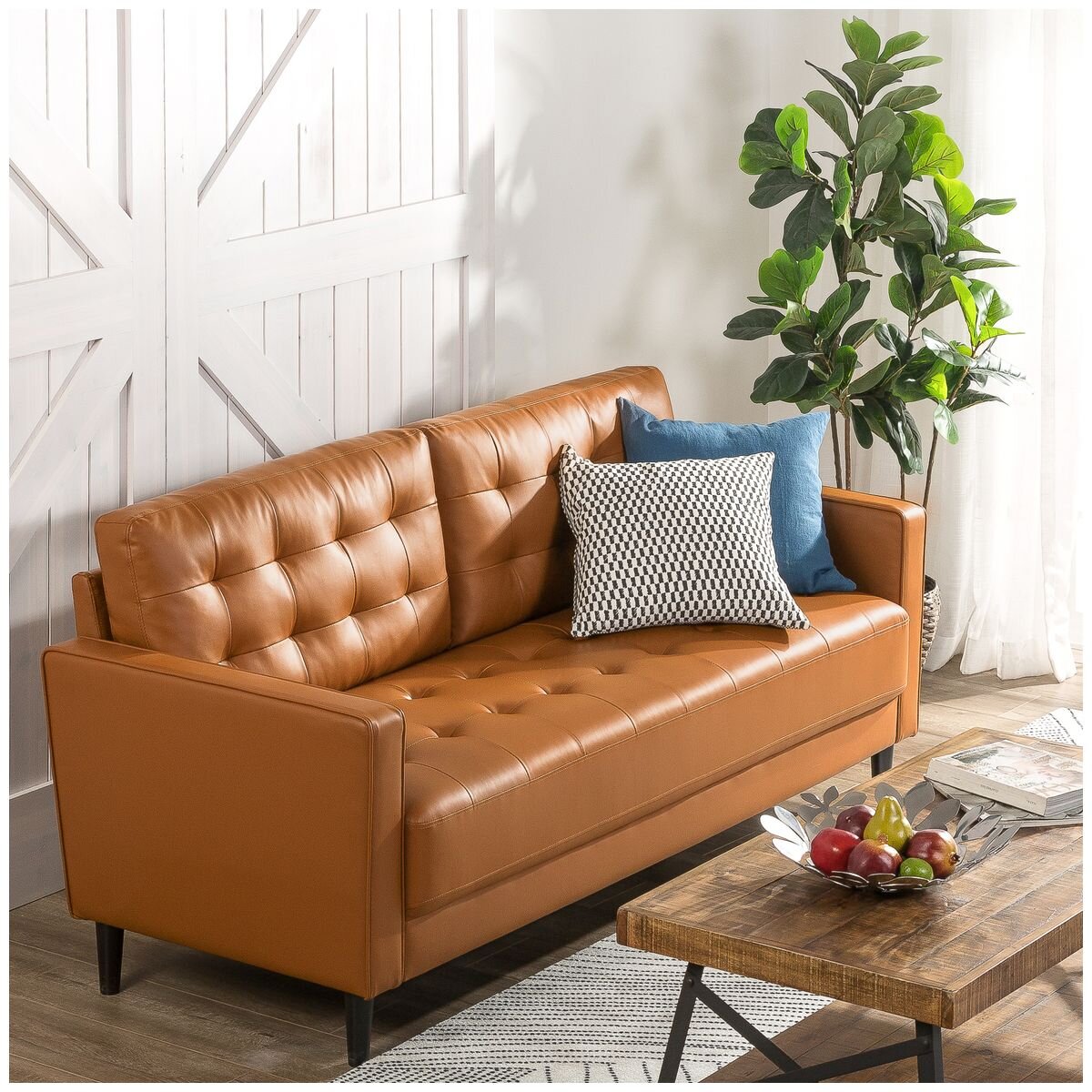 Zinus Benton 3 seater faux leather sofa - cognac, grid tufted, tapered wooden legs - AU-USSBTF-3CL