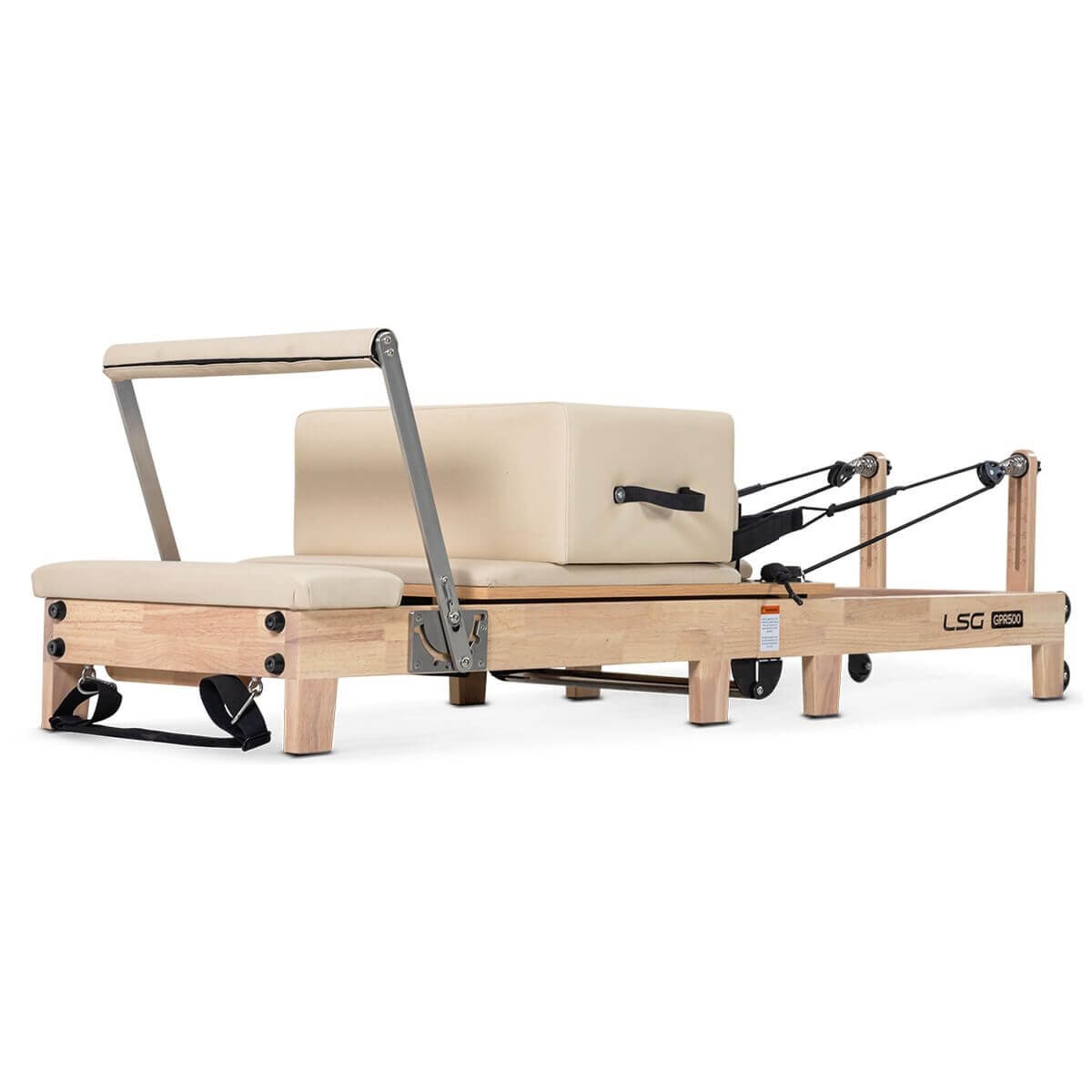 LSG Fitness Foldable Pilates Reformer - Beige, Oak Frame, Adjustable Resistance, Wheels - LGRF-GPR500