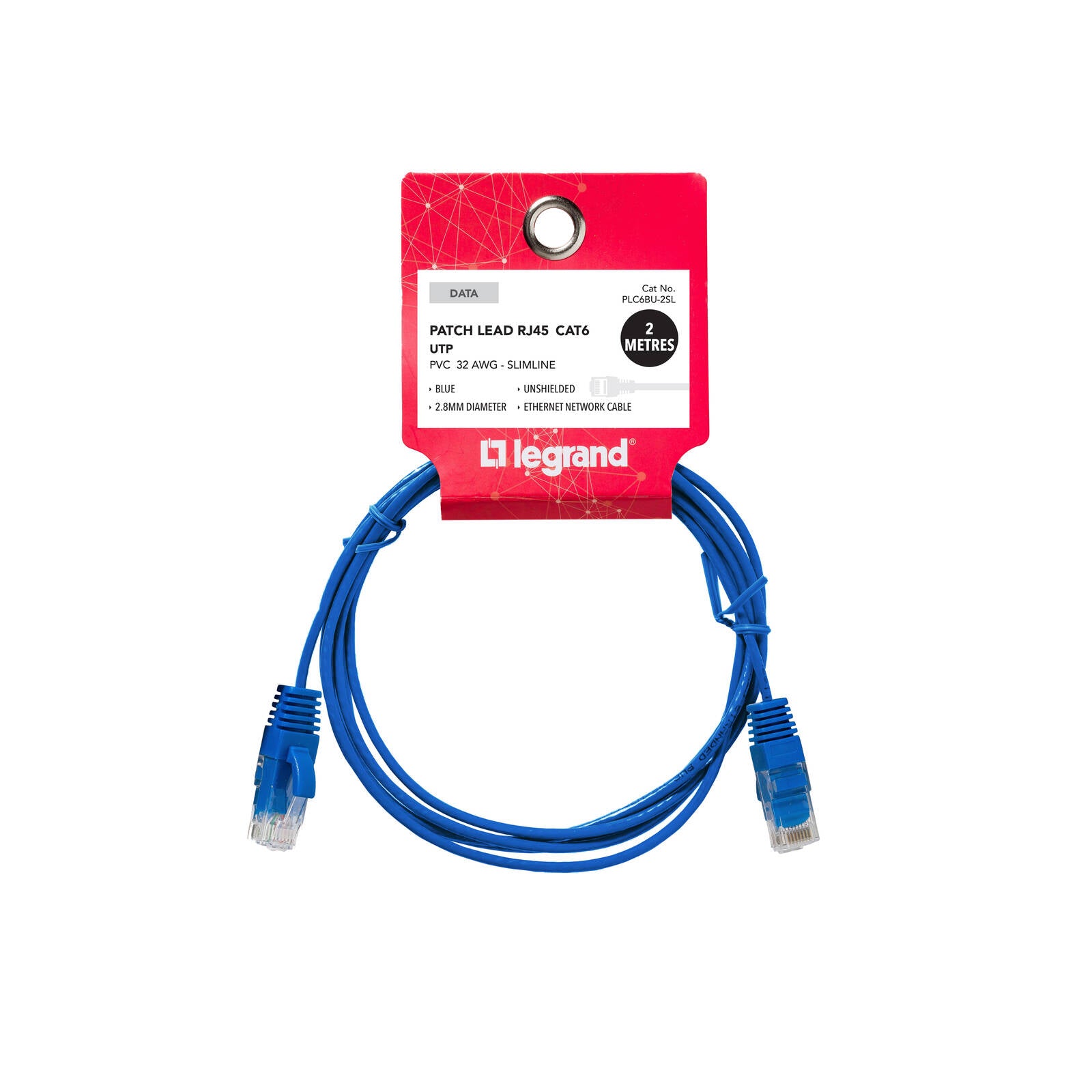 Legrand Cat6 RJ45 UTP Slimline Patch Lead 2m Blue Network Cable
