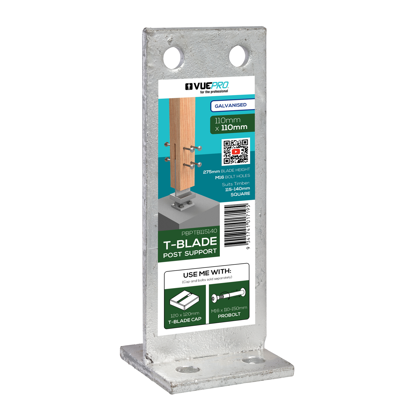 VUEPRO 110 x 110mm Galvanised T-Blade Post Anchor
