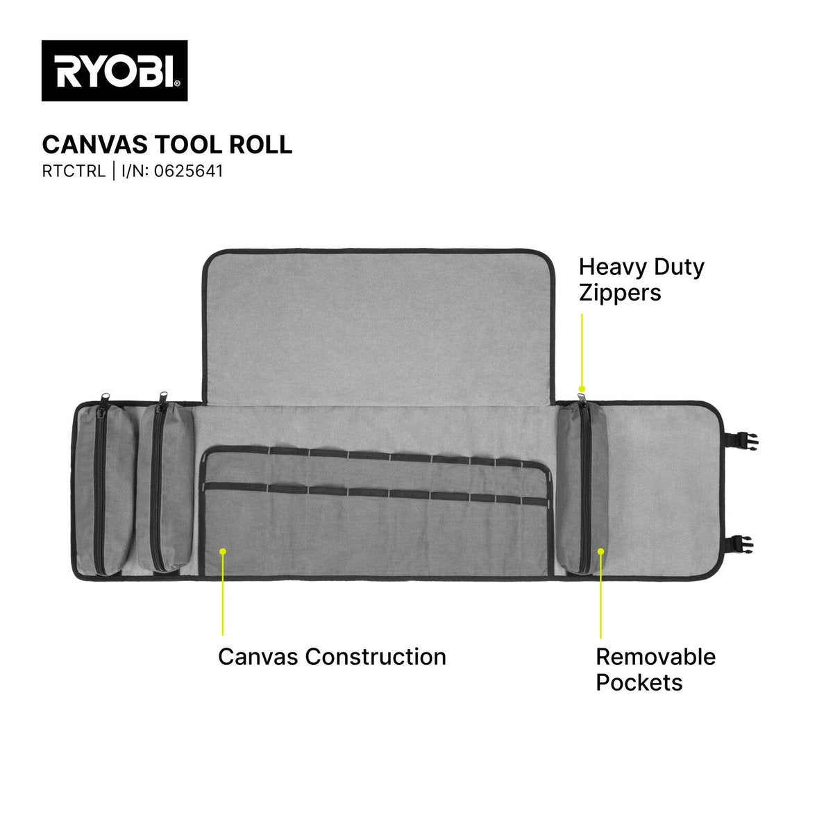 Ryobi Traxx Canvas Tool Roll with Zip Pockets