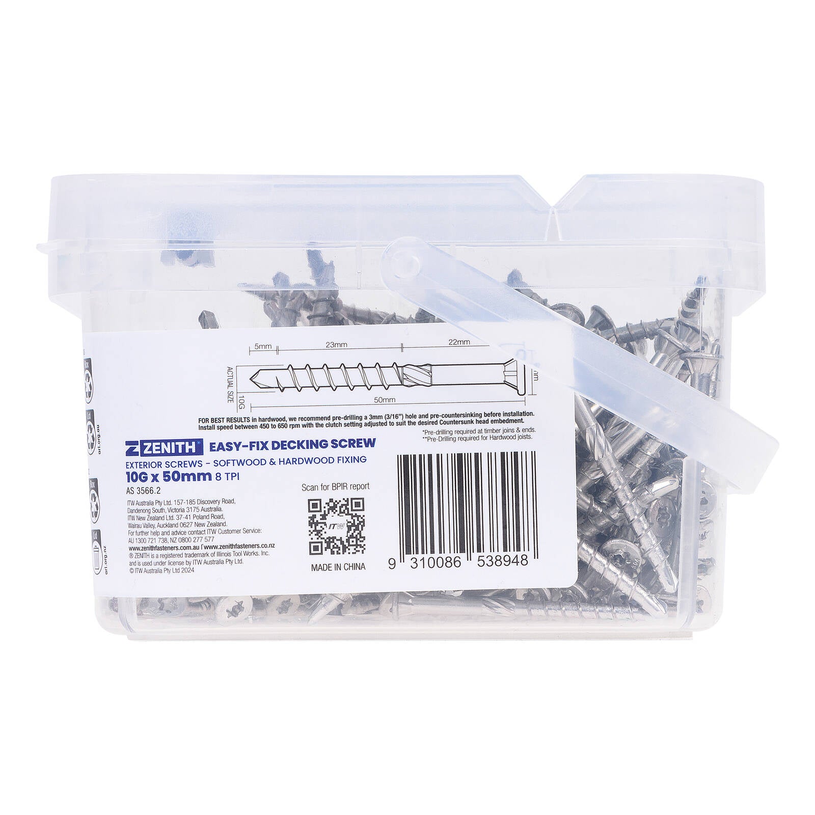 Zenith Easy-Fix Decking Screw T20 10G x 50mm SS304 Stainless, 250 Pack