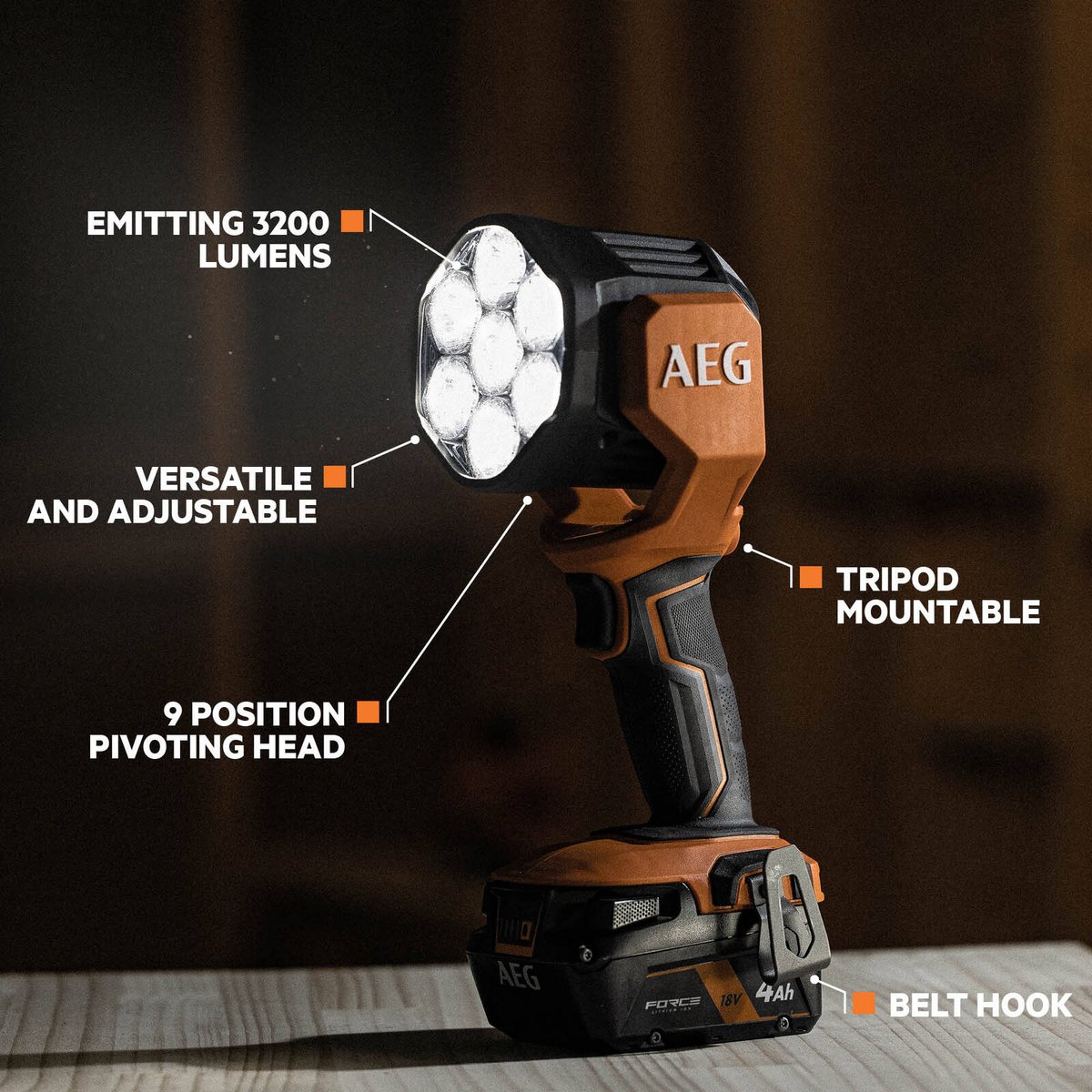AEG 18V Spotlight Skin Only - 30m Beam - 3200 Lumens - Portable Lighting - SuperSaverAU - view 2