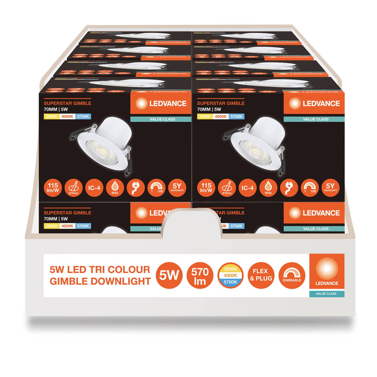 Ledvance 5W LED Gimble Downlight 70mm White Tri-Colour Dimmable Plug-In Indoor