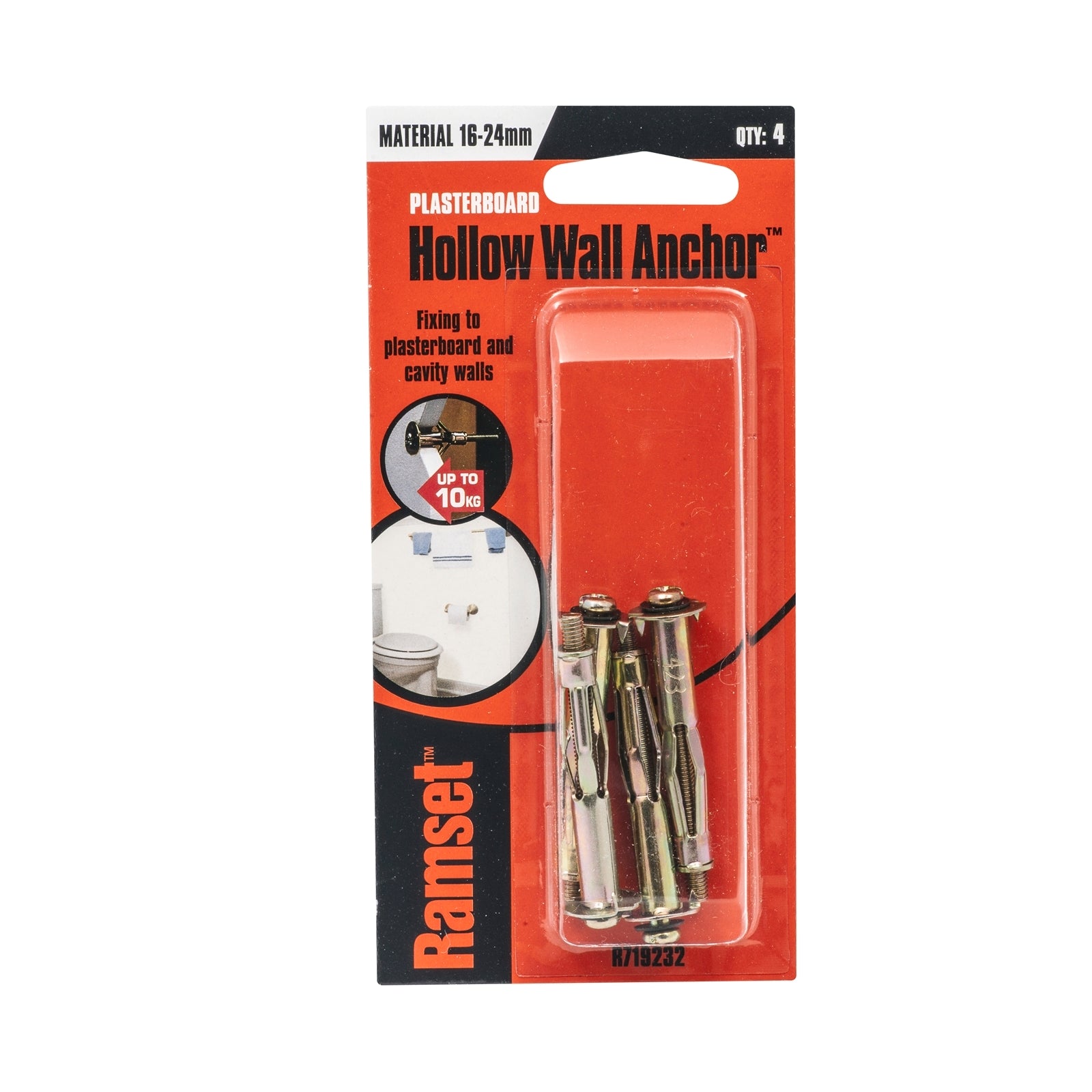 Ramset 24mm Hollow Wall Anchor 4 Pack - Gold Passivated Zinc Plated Steel