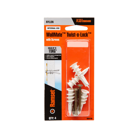 Ramset WallMate Twist N Lock Nylon Plasterboard Anchor with Screws - 4 Pack