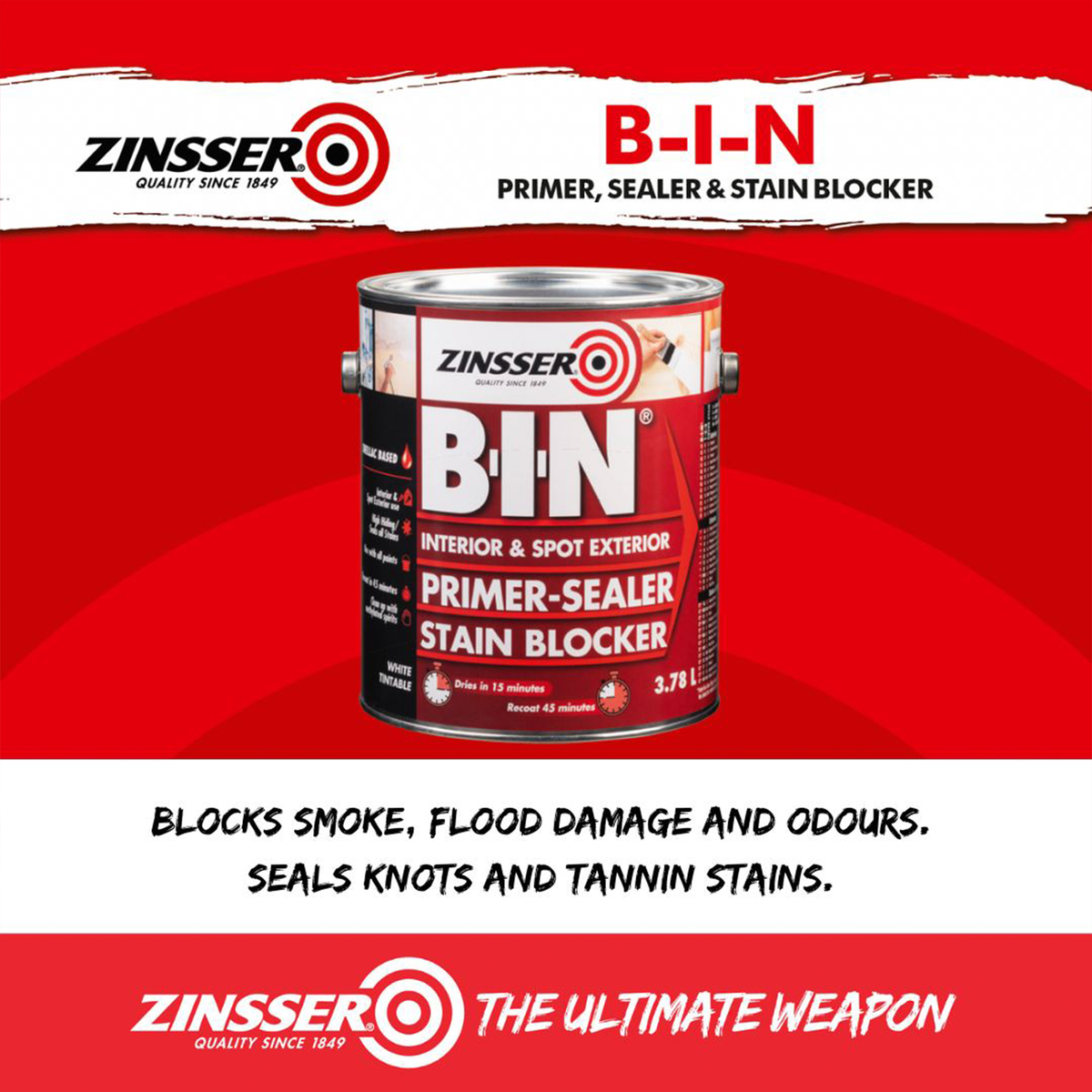 Zinsser B-I-N Primer Sealer 3.78L Shellac-Based Odour Blocking - SuperSaverAU - view 4