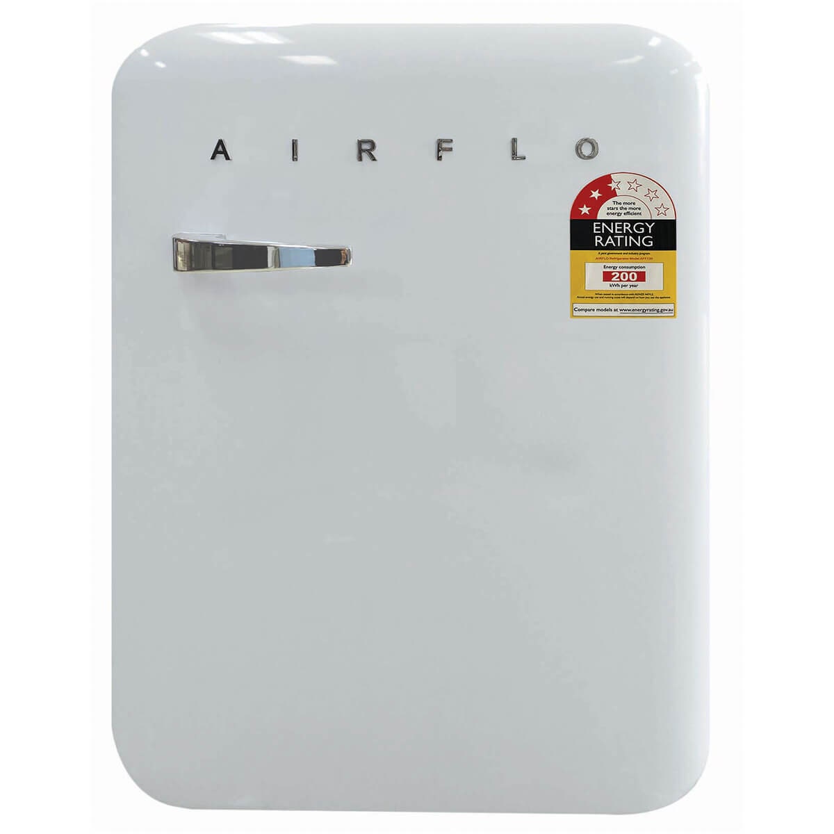 Airflo 130L retro bar fridge - White finish, reversible door, vegetable crisper - AFF130XW