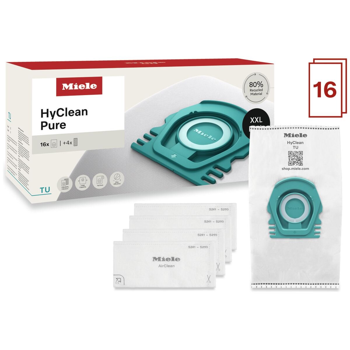 Miele TU HyClean Pure dustbags XXL pack of 16 for Guard S1 and L1 vacuum cleaners - 12695210