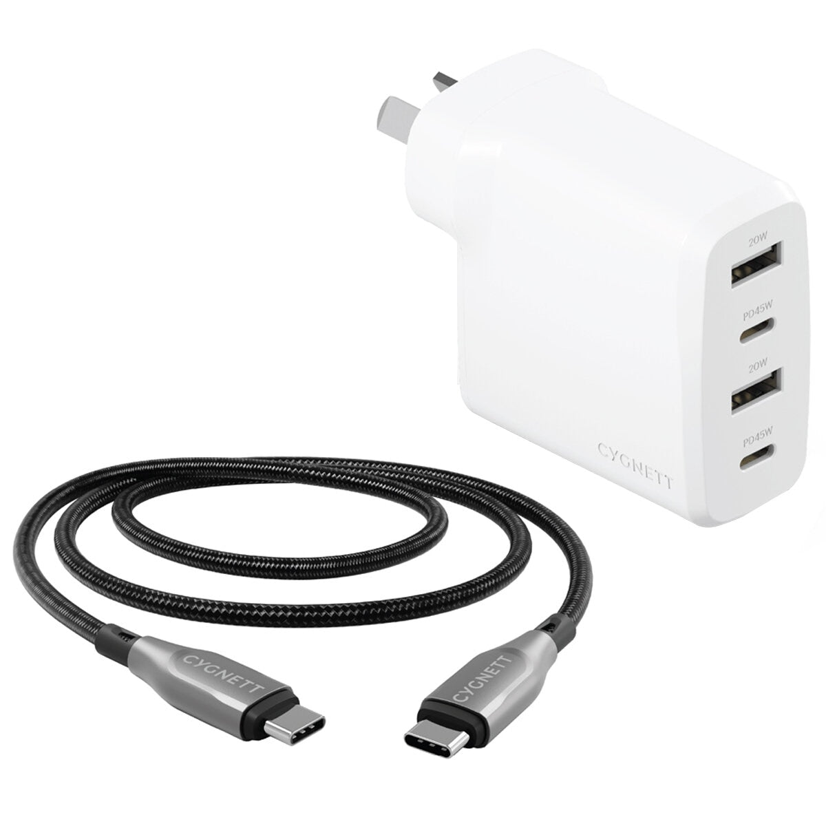 Cygnett PowerPlus 45W Multiport Wall Charger AU, 2x USB-C, 2x USB-A, 2M Cable - SuperSaverAU - view 1