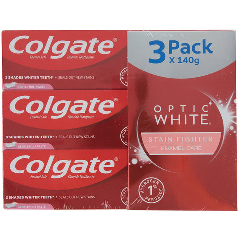 Colgate Optic White Fluoride Toothpaste Stain Fighter Enamel Care Gentle Mint 3 x 140g - SuperSaverAU - view 1