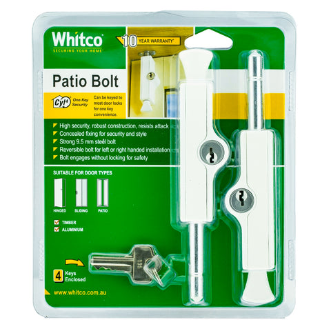 Whitco CYL4 Patio Bolt - White Zinc Diecast, Keyed, Indoor/Outdoor, 2 Pack