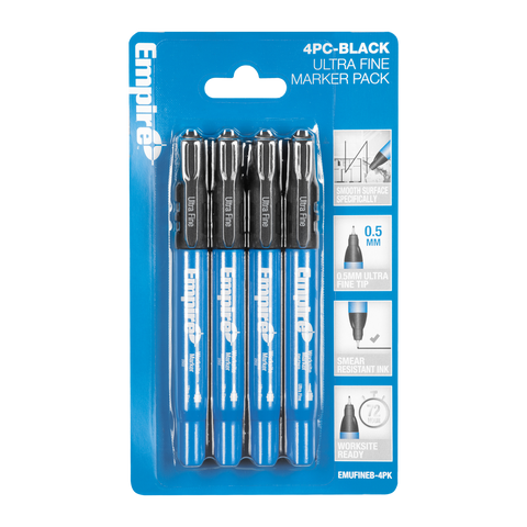 Empire Ultra Fine Black Marker 4 Pack, 0.5mm Tip, Smear-Resistant for Smooth Surfaces
