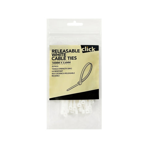 Click 100mm White Releasable Cable Tie 25 Pack - UV Resistant Nylon Reusable