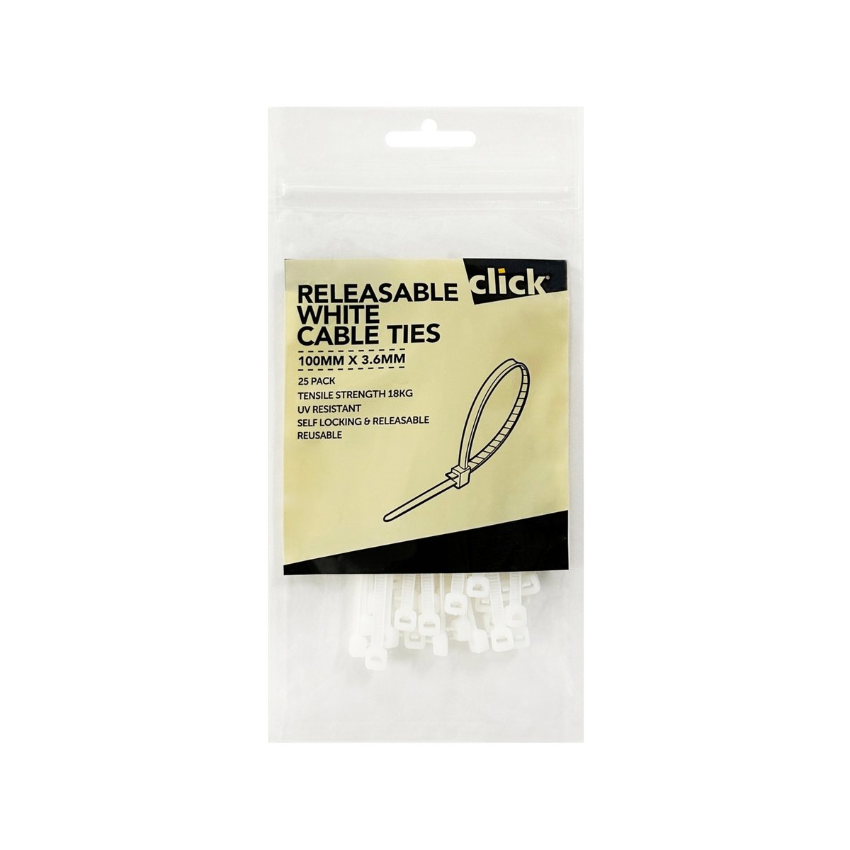 Click 100mm White Releasable Cable Tie 25 Pack - UV Resistant Nylon Reusable