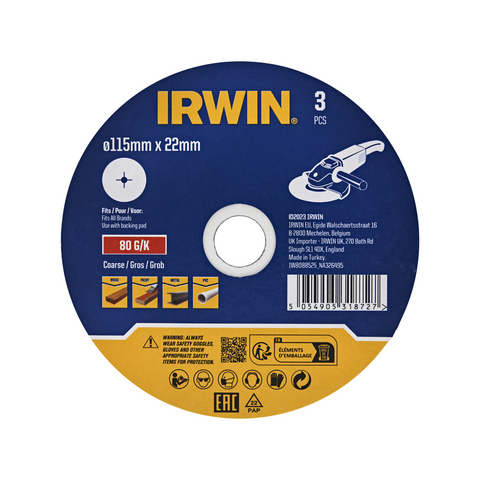 Irwin 115 x 22mm 80 Grit Fibre Disc 3 Pack for Wood & Metal