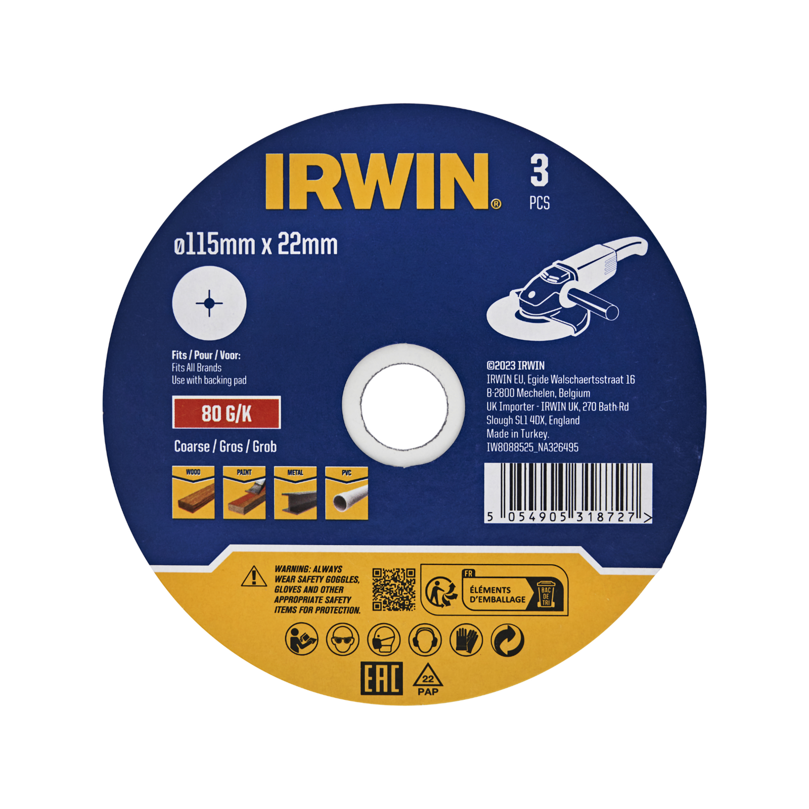 Irwin 115 x 22mm 80 Grit Fibre Disc 3 Pack for Wood & Metal