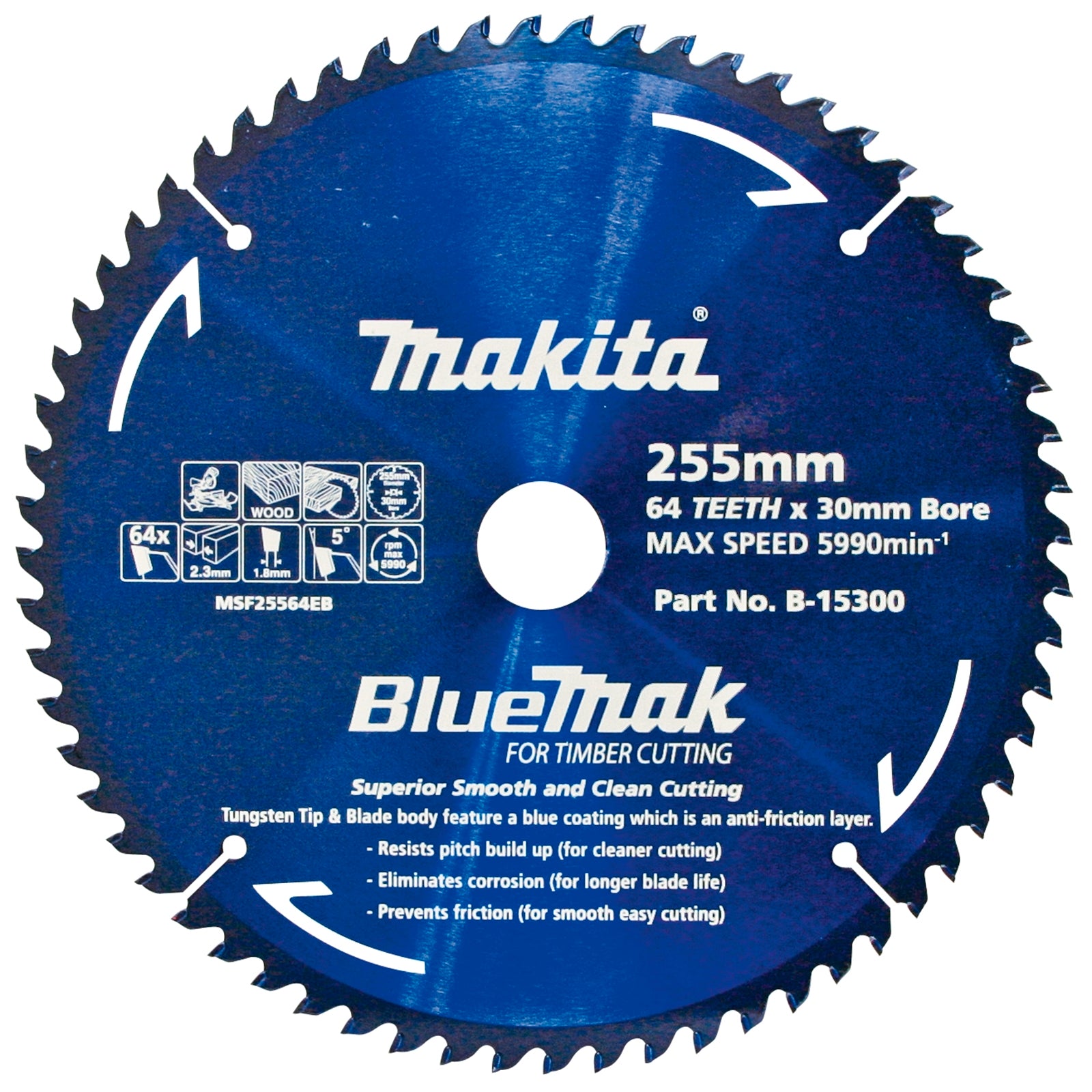 Makita 255mm 64T TCT BlueMak Mitre Saw Blade 30mm Bore B-15300