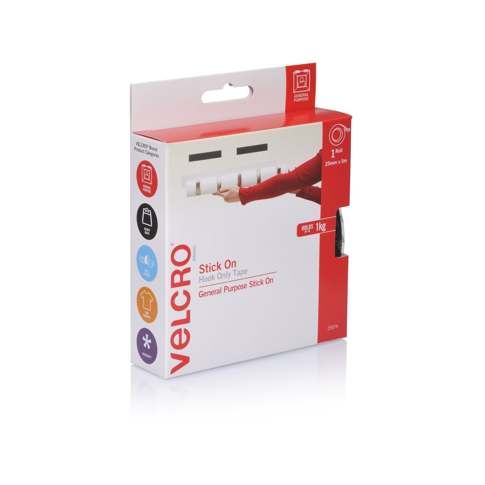 Velcro Brand Stick On Hook Only Tape, 25mm x 5m, Black, Indoor