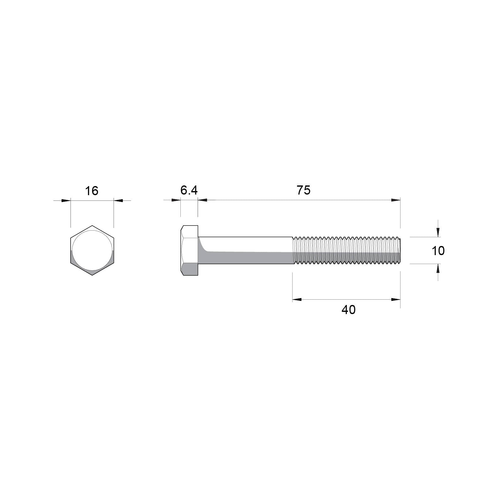 ZENITH M10 x 75mm Zinc Plated 4.6 Grade Hex Head Bolt and Nut