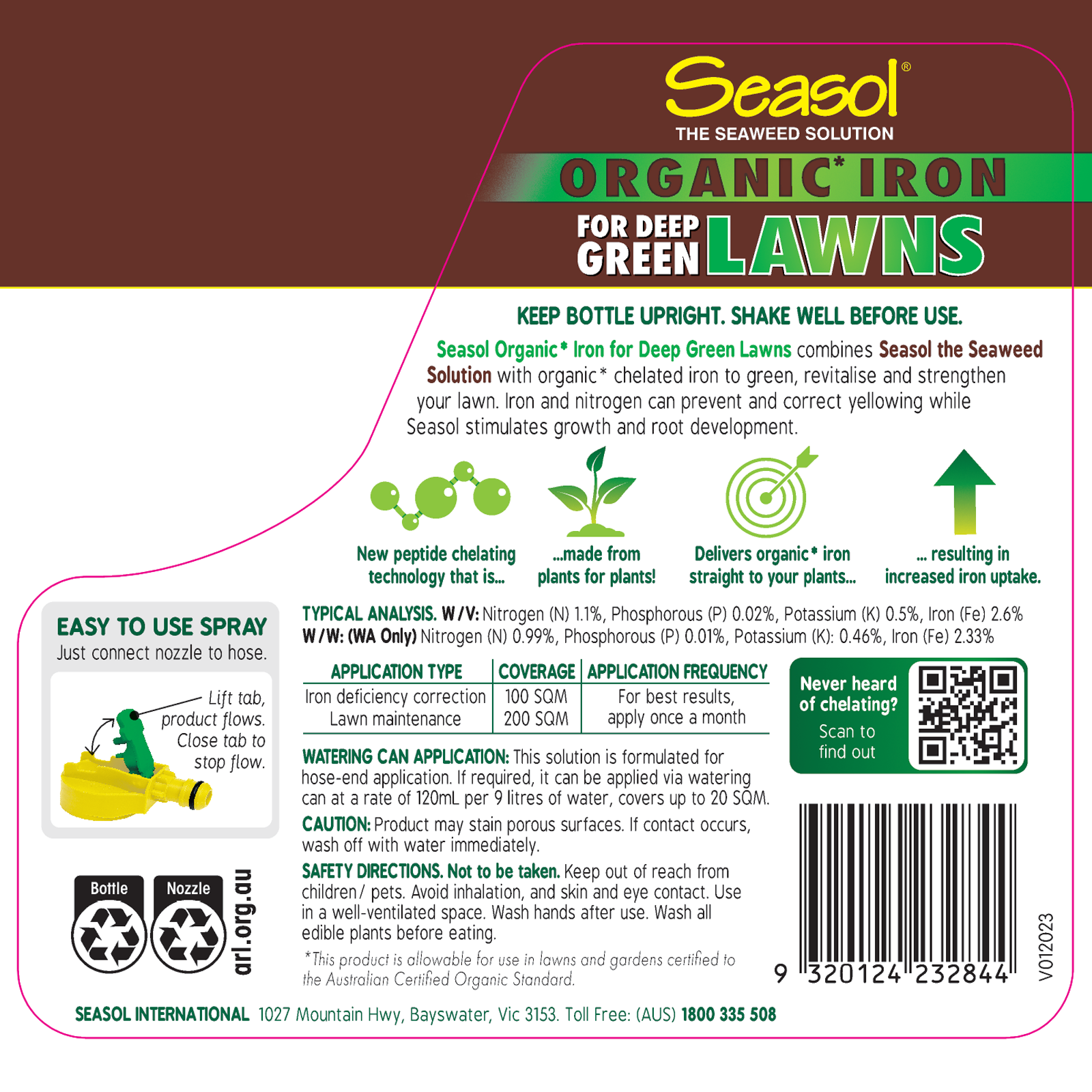 Seasol 1.2L Organic Iron for Deep Green Lawns, Hose-On Liquid, Covers 200sqm
